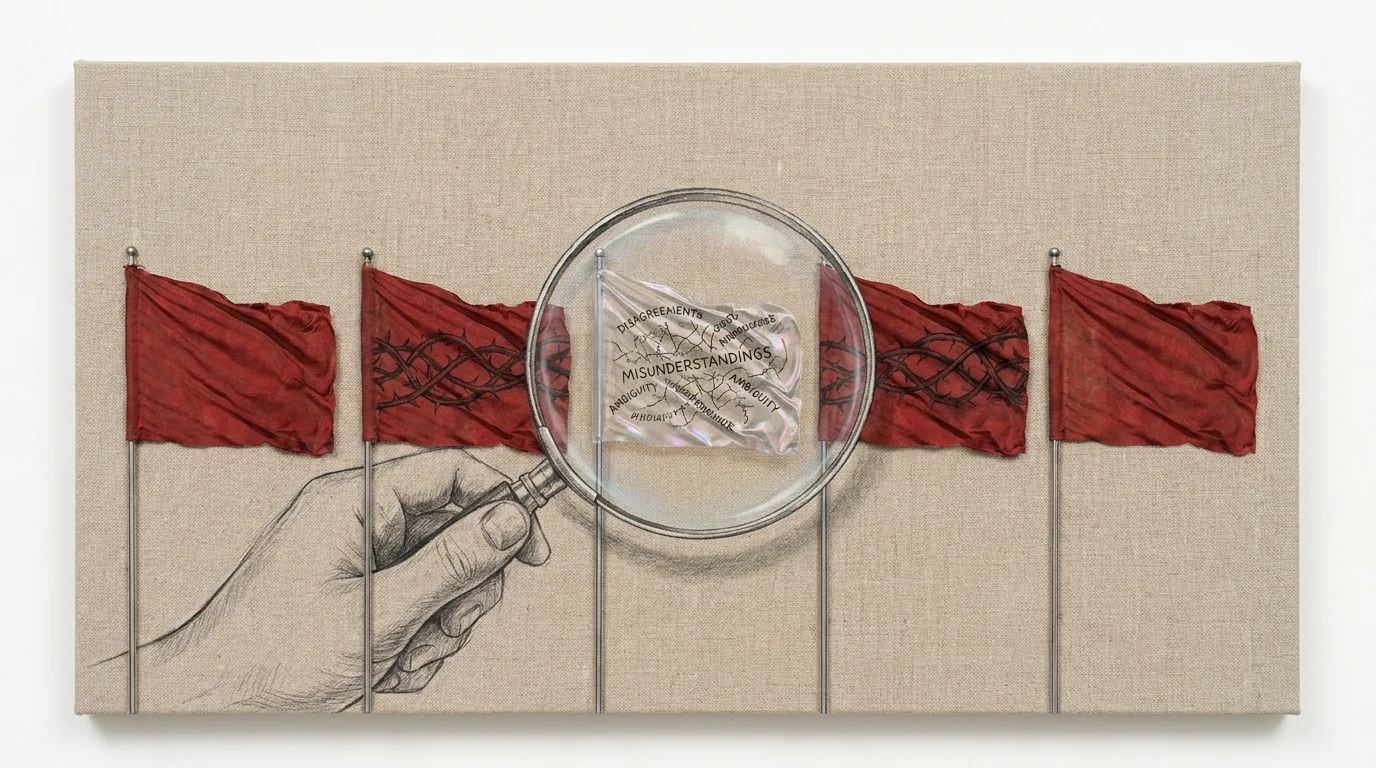 A magnifying glass looking at red flags, distinguishing between a true warning sign and a simple disagreement.