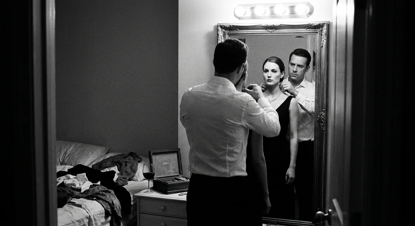 A man adjusts a woman's jewelry while looking at her reflection in a mirror with a detached, clinical expression.