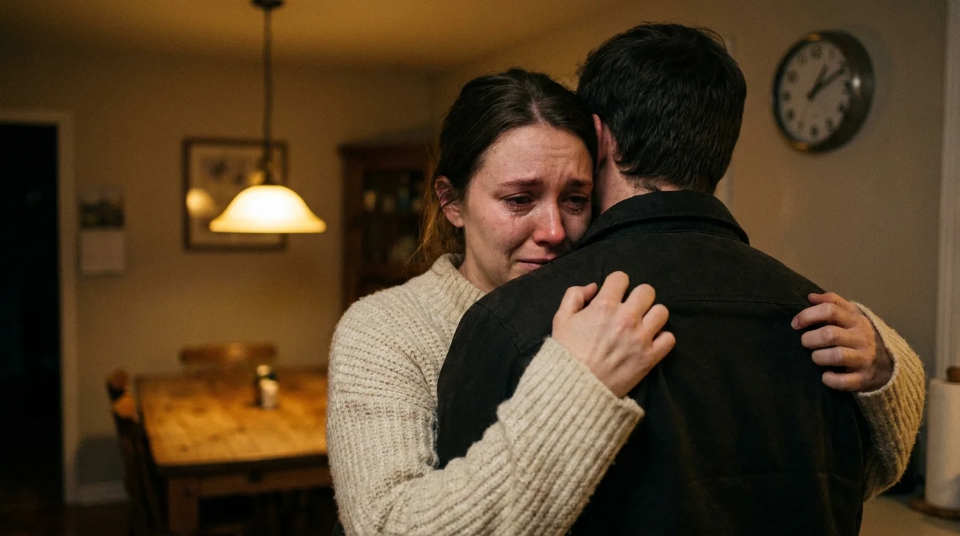 A man and woman embrace in a warm kitchen at night, but the woman looks exhausted and the man's grip is too tight.