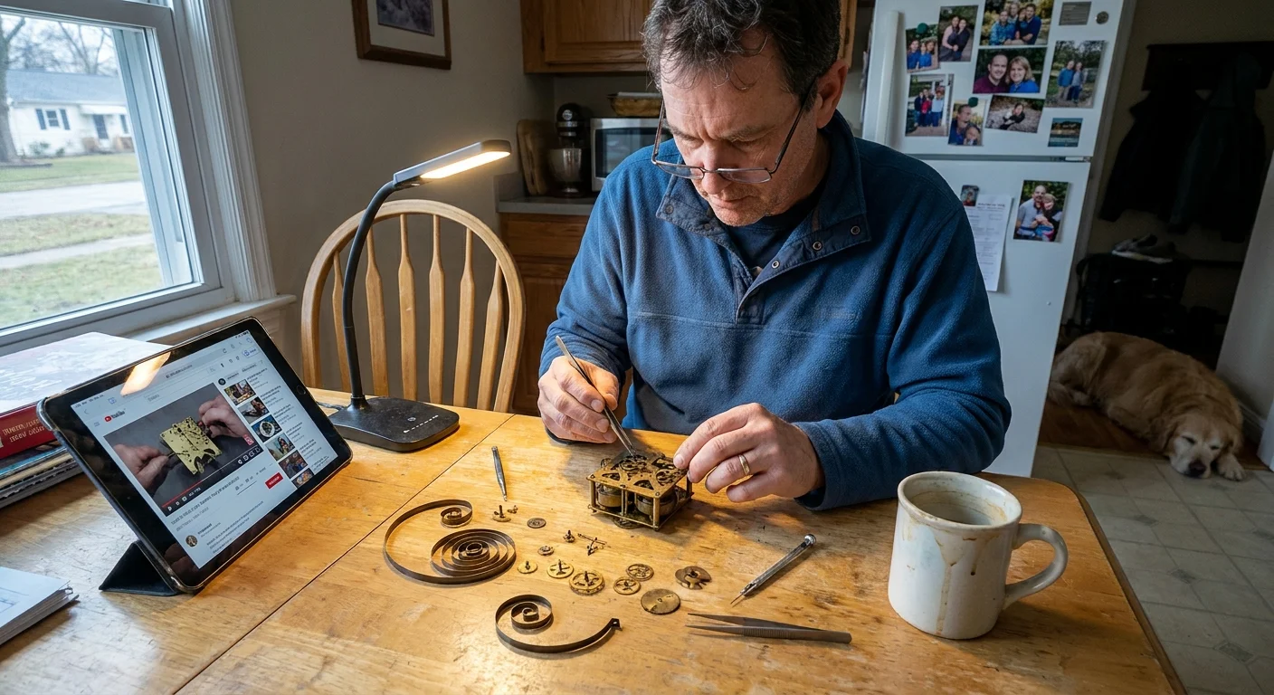 A man at his kitchen table works on a mechanical clock repair, surrounded by tools and a tablet tutorial.