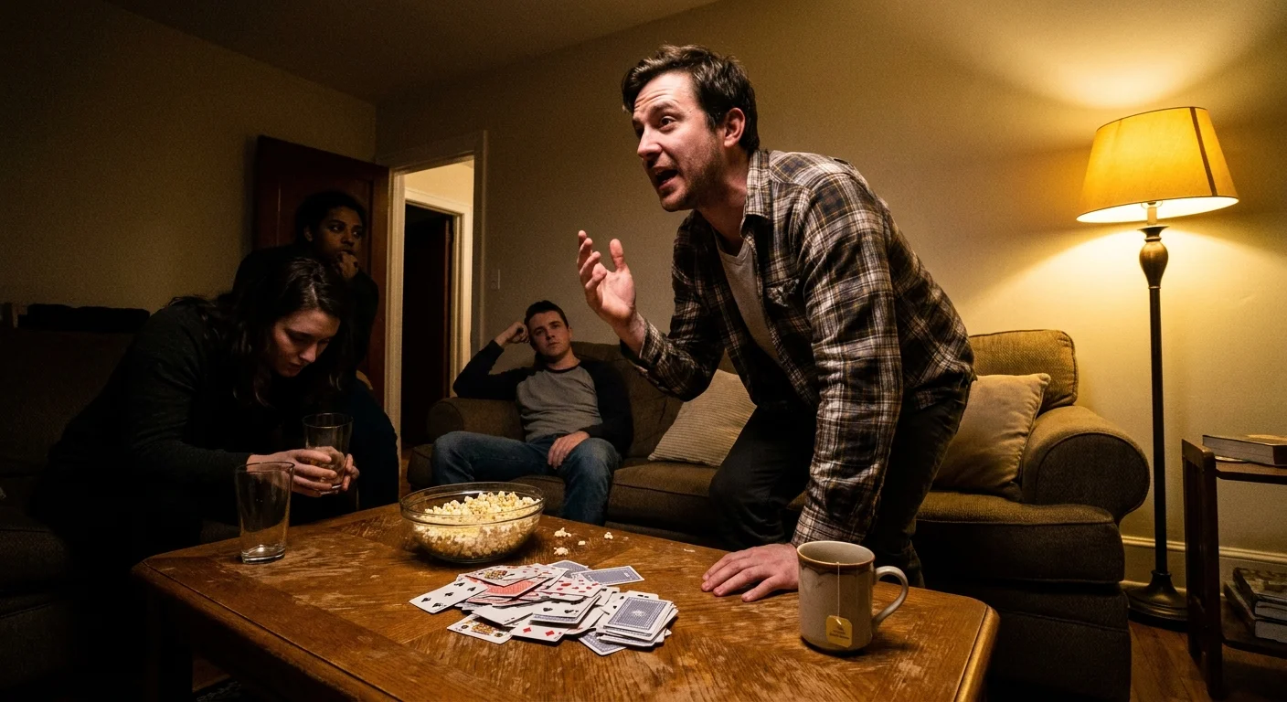 A man dominates a group conversation at a coffee table while three other people look away, disengaged and unheard.