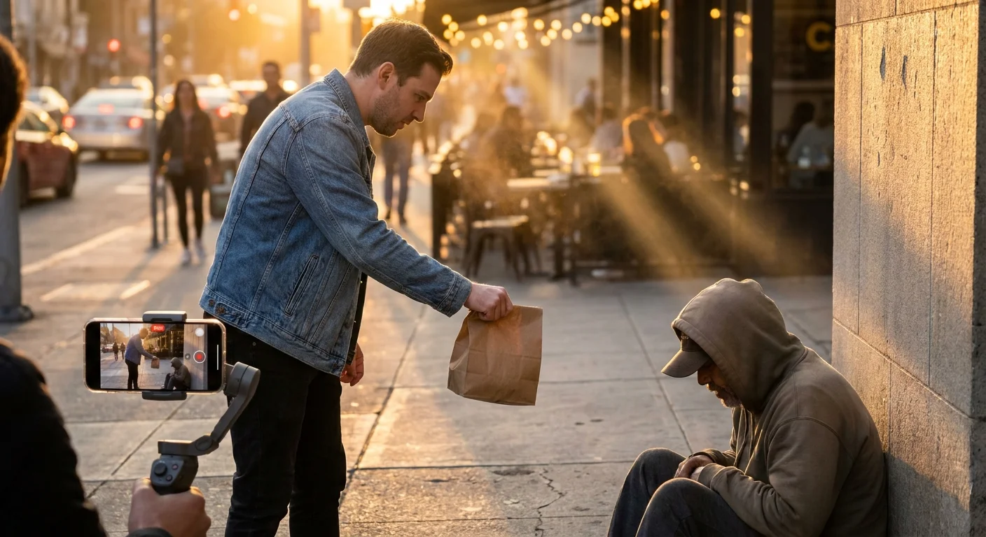 A man filming himself giving food to a person on the street, highlighting the need for an audience in performative kindness.