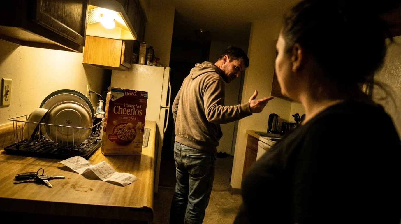 A man in a kitchen gestures defensively during a late-night argument, illustrating the shift of blame.
