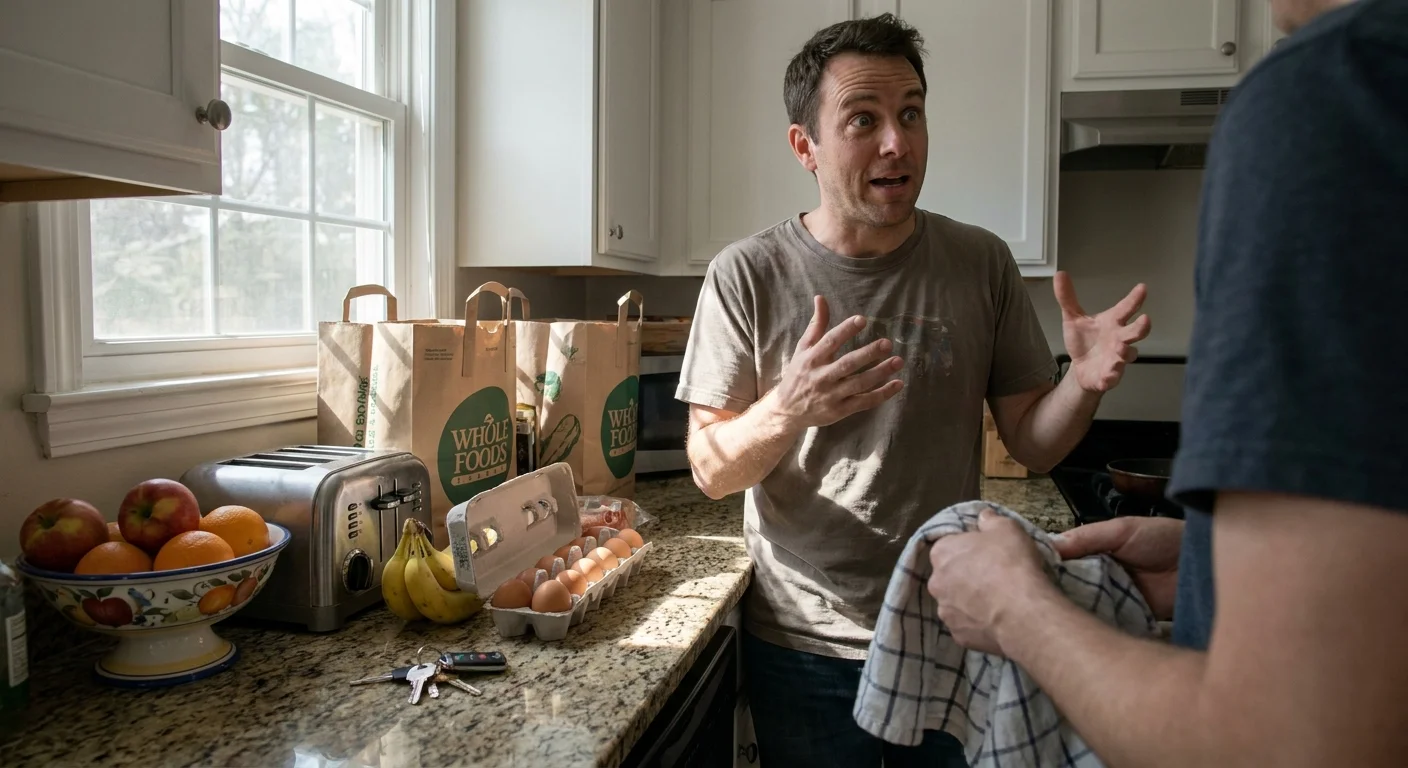 A man in a kitchen gesturing animatedly while explaining something to another person, illustrating the act of over-explaining.