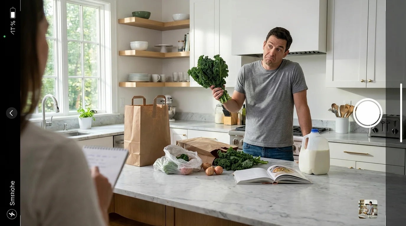 A man in a kitchen holds a bunch of kale with an exaggerated look of confusion while his partner looks on from the foreground.