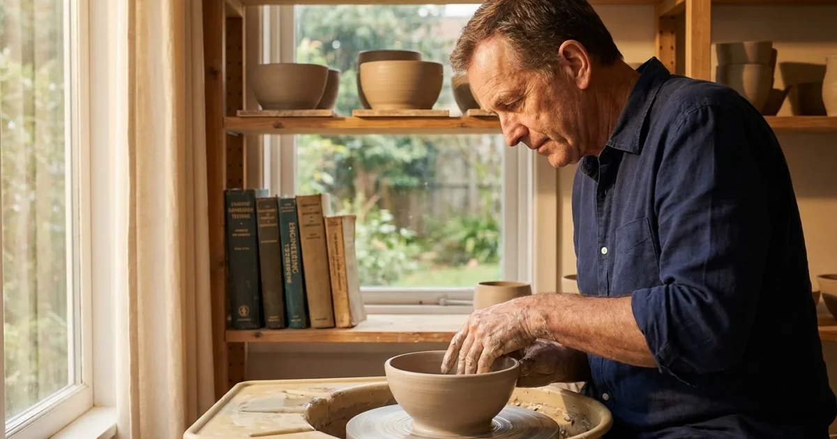 A man in his 60s working with clay in a pottery studio, symbolizing the transition from a career to a new personal purpose.