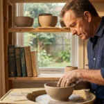 A man in his 60s working with clay in a pottery studio, symbolizing the transition from a career to a new personal purpose.