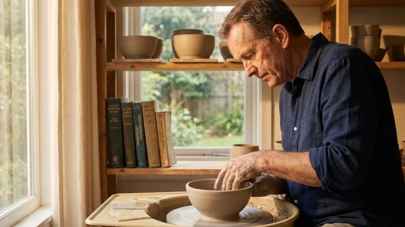 A man in his 60s working with clay in a pottery studio, symbolizing the transition from a career to a new personal purpose.