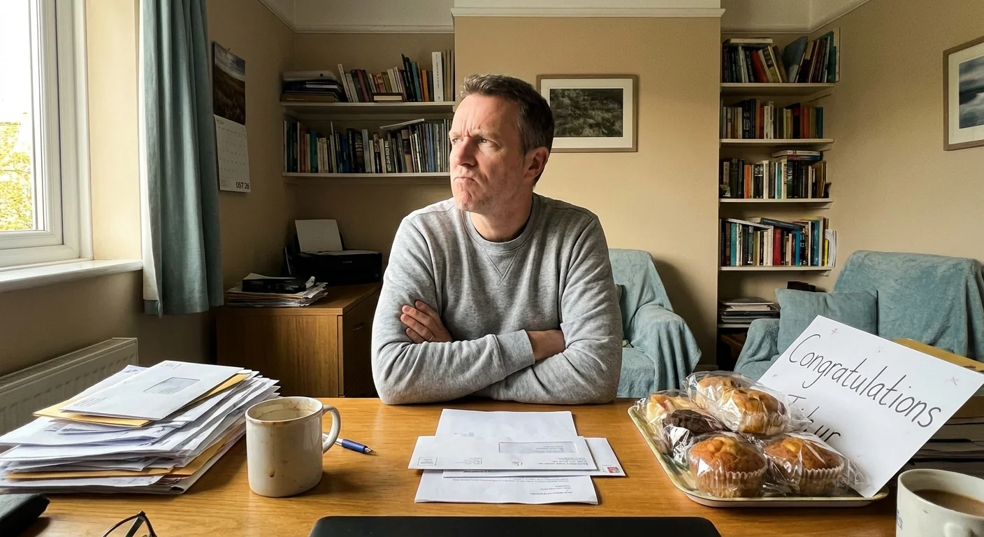 A man looking resentful and defensive while sitting next to an unacknowledged gift he prepared.