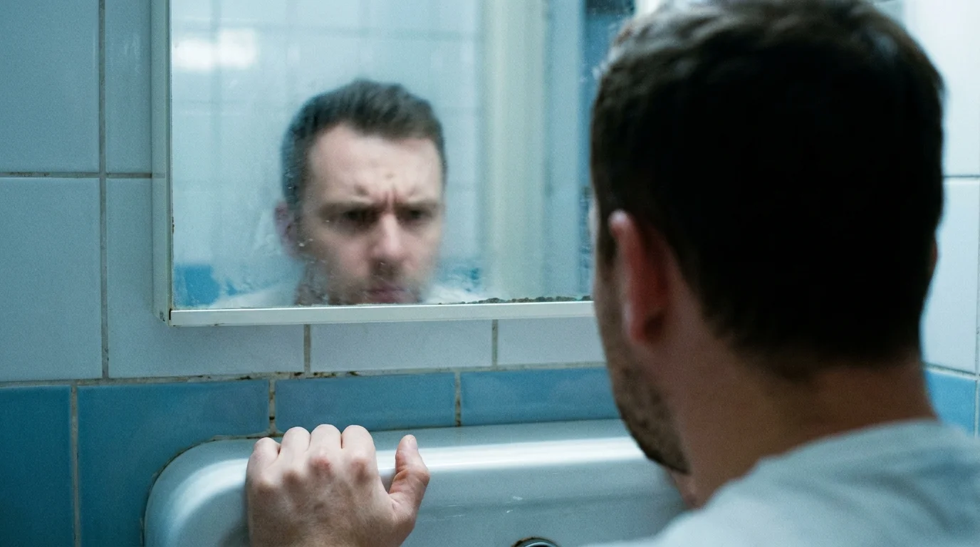 A man looks at his own blurred reflection in a bathroom mirror, symbolizing the loss of self-trust.