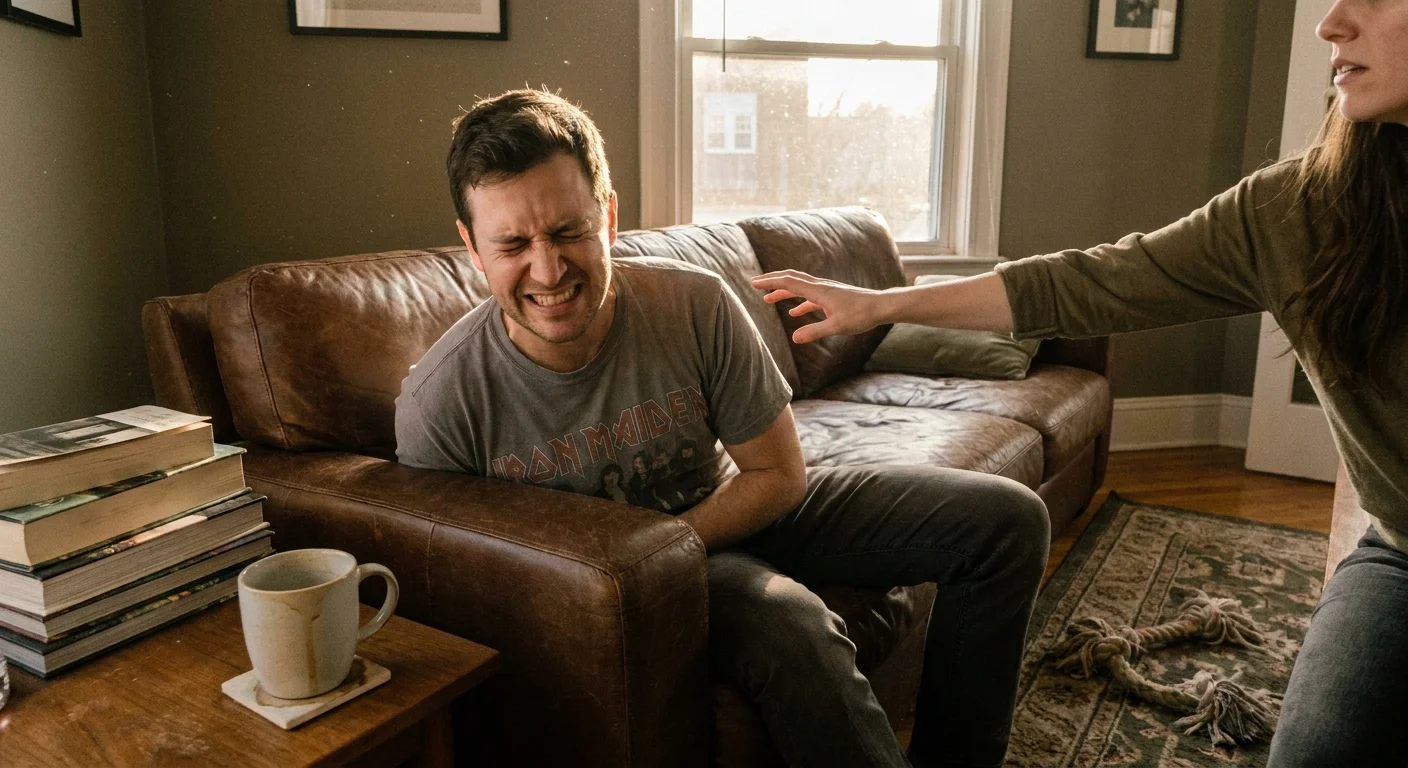 A man on a leather sofa makes a goofy face to avoid his partner's comforting hand.