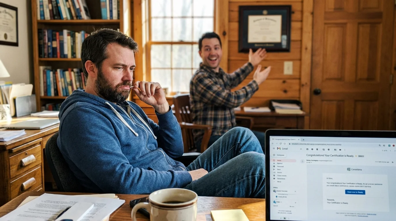A man proudly shows a certificate on a wall while his friend looks down at his hands with a bored expression.