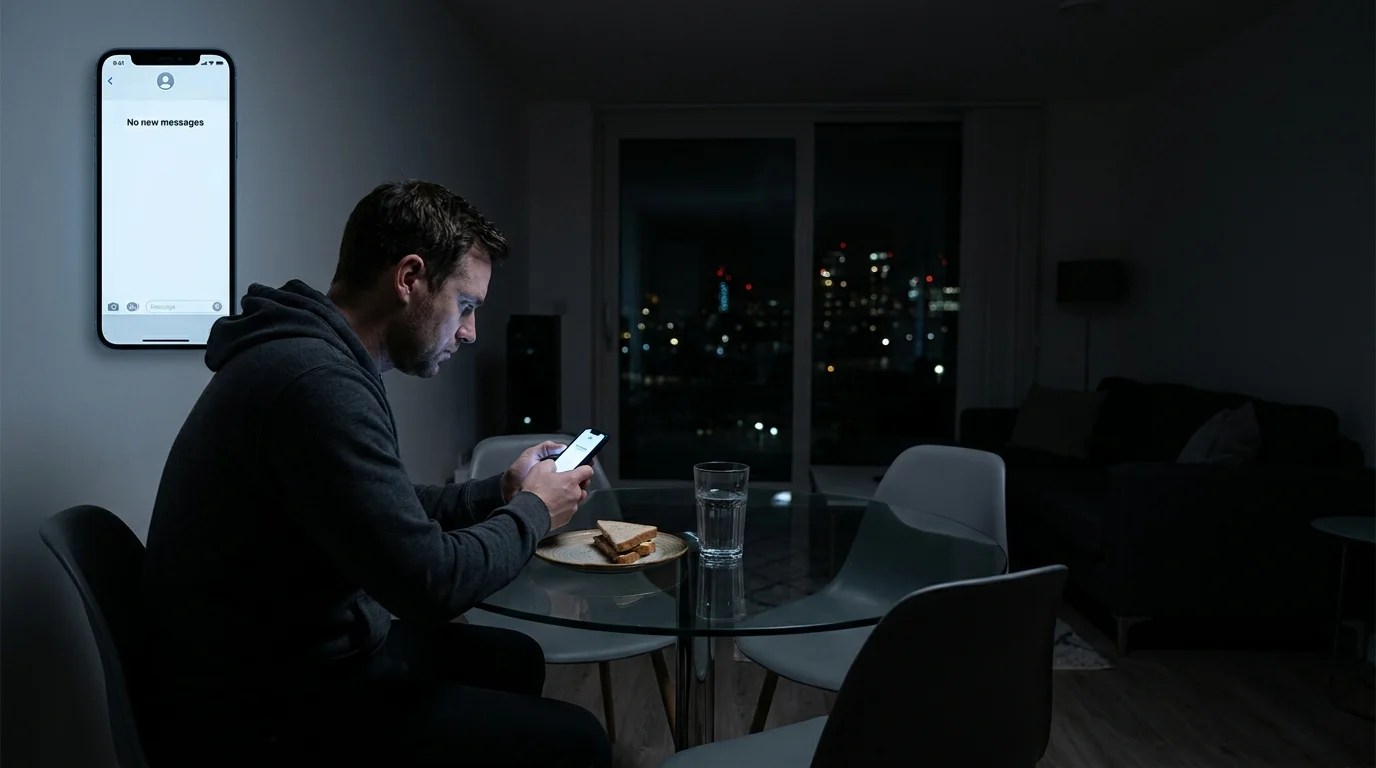 A man sits alone at a table at night, illuminated only by the blue light of his phone, representing social isolation.