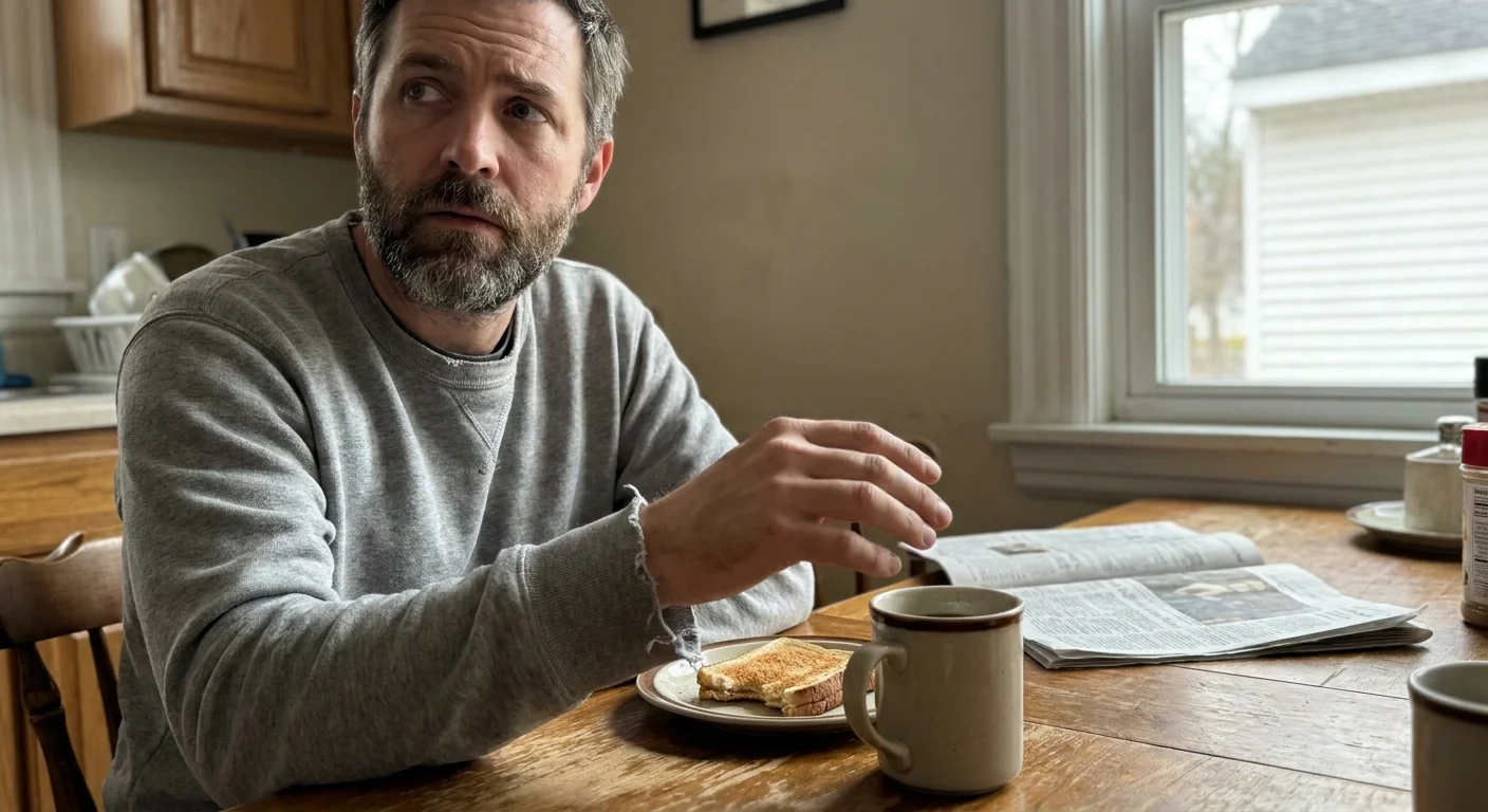 A man sitting at a kitchen table, pausing mid-sentence with a thoughtful, strained expression.