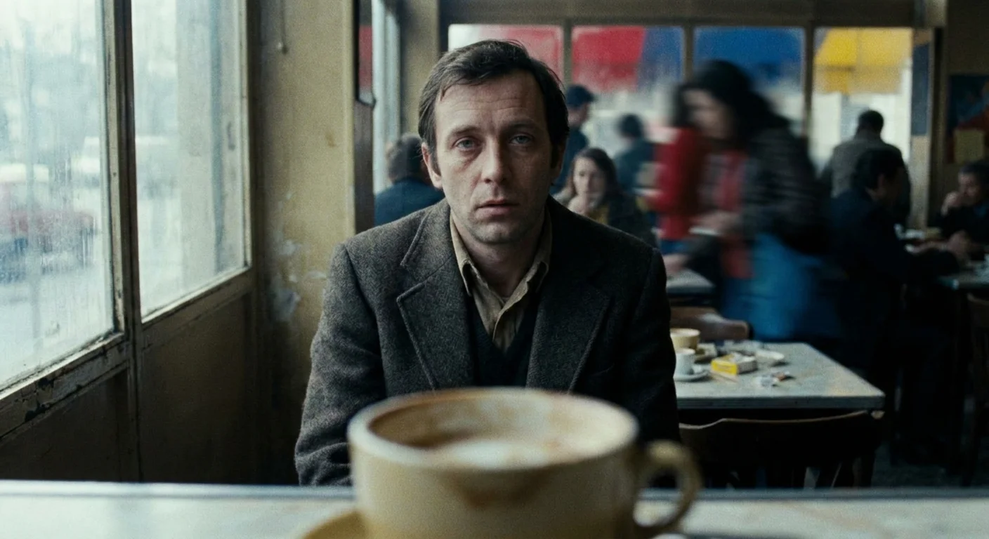 A man sitting in a busy cafe with a blank, disconnected expression, staring into space while the world blurs around him.