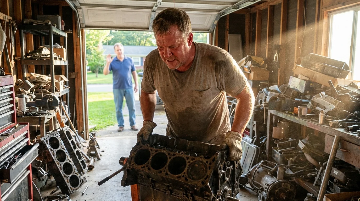 A man struggles alone to lift a heavy metal object in a garage while a neighbor stands nearby in the background, ignored.