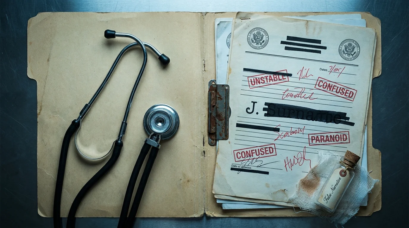 A medical file folder with stamps saying 'UNSTABLE' and 'PARANOID' in red ink, next to a stethoscope.