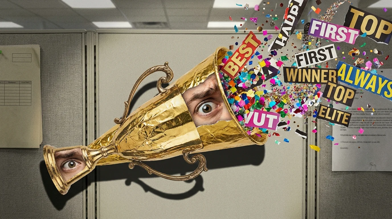 A megaphone made of gold foil and trophies emits an explosion of confetti and superlative words, with a single anxious eye peering through i