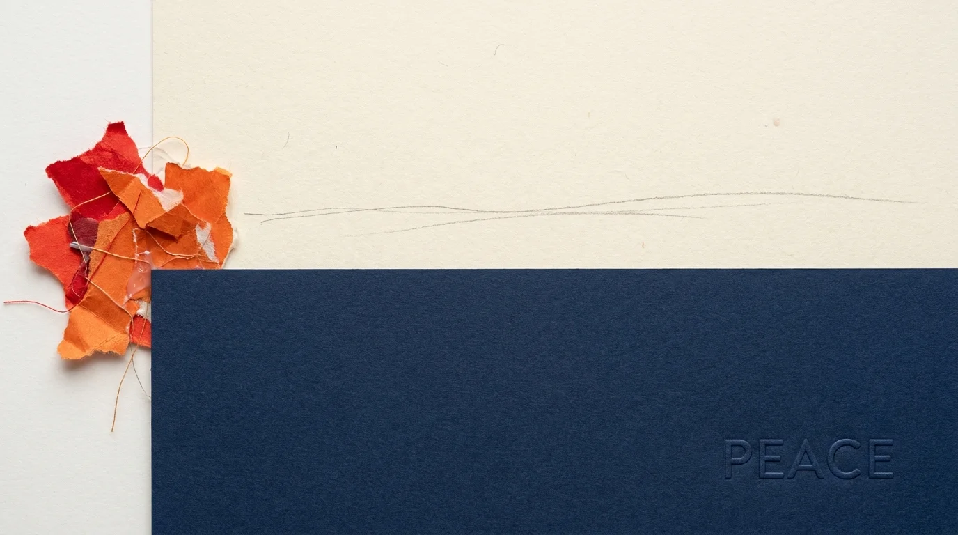 A minimalist collage showing a solid blue block acting as a boundary against small, chaotic orange scraps.
