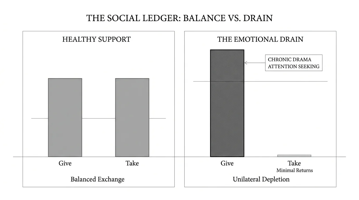 A minimalist diagram comparing a balanced 'Healthy Support' ledger with a heavily one-sided 'Emotional Drain' ledger.