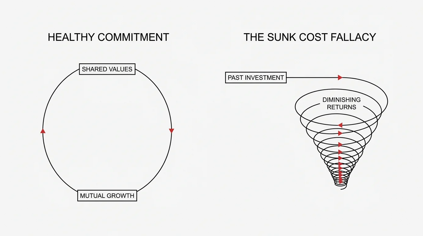 A minimalist flowchart comparing the healthy loop of commitment to the downward spiral of the sunk cost fallacy.
