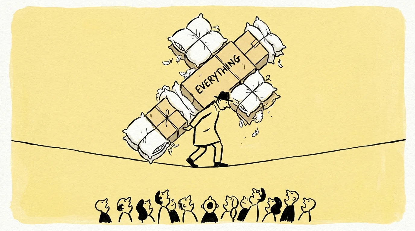 A minimalist illustration of a person carrying a giant cross made of pillows while an audience watches.
