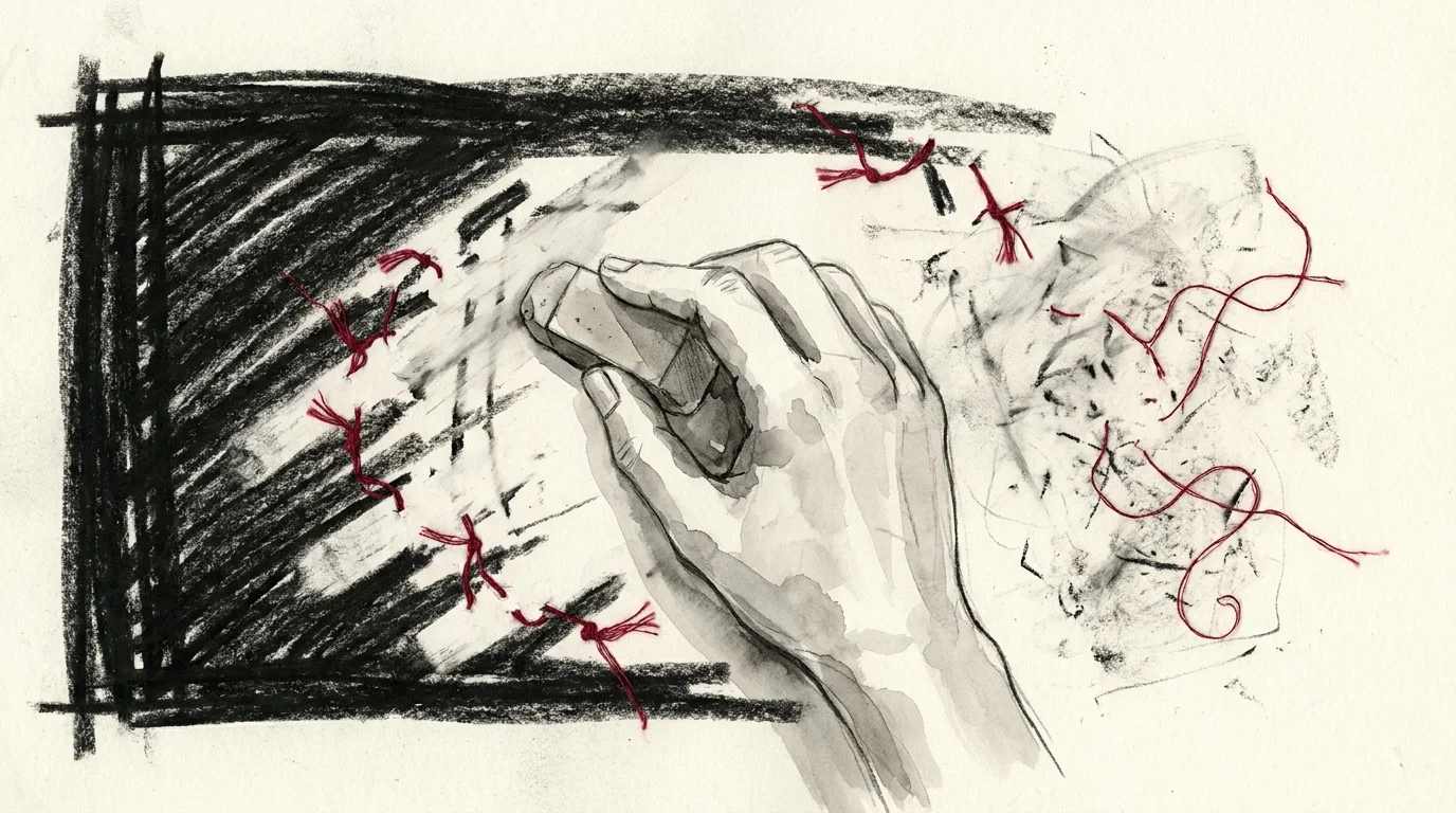 A mixed media art piece showing solid black lines being erased and smudged by a hand, symbolizing fading boundaries.