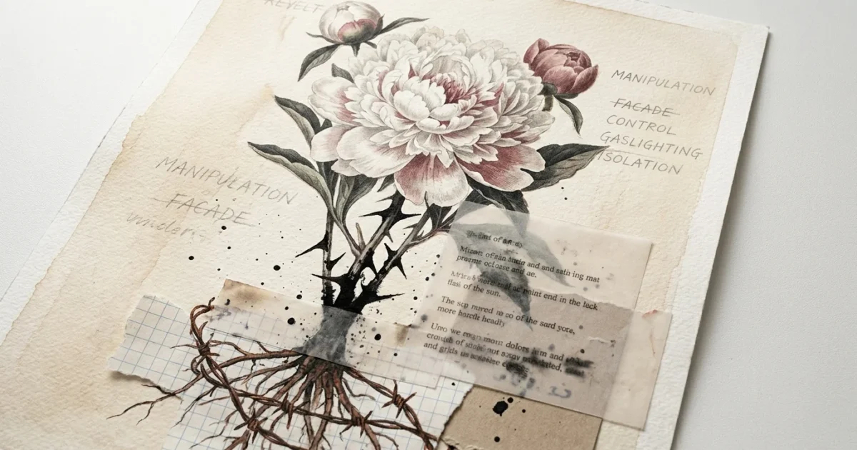 A mixed media collage of a beautiful white flower with hidden barbed wire roots and thorny stems on a textured vintage paper background.