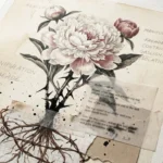 A mixed media collage of a beautiful white flower with hidden barbed wire roots and thorny stems on a textured vintage paper background.