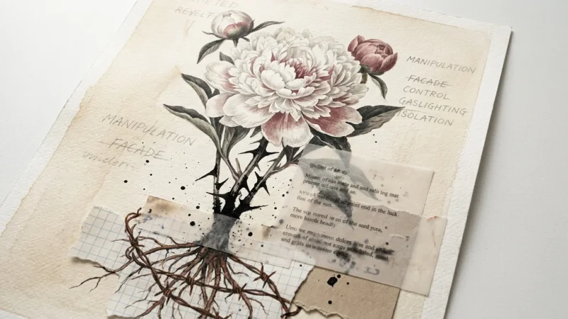A mixed media collage of a beautiful white flower with hidden barbed wire roots and thorny stems on a textured vintage paper background.