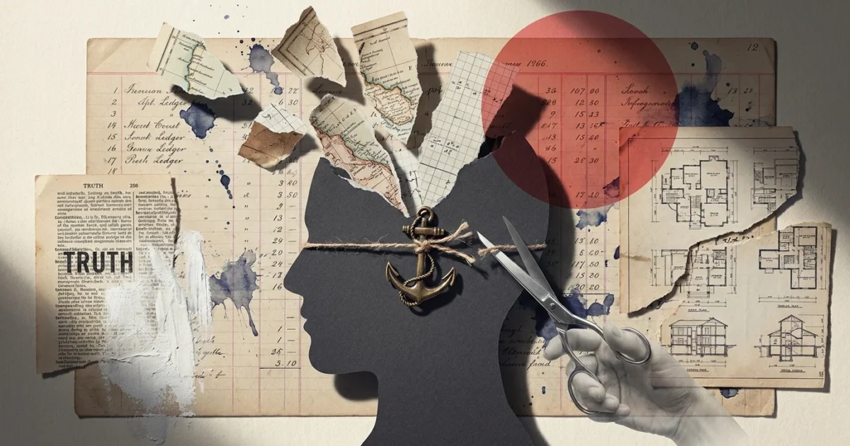 A mixed-media collage of a fragmented silhouette head with an anchor being cut, symbolizing the loss of one's grip on reality.