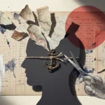A mixed-media collage of a fragmented silhouette head with an anchor being cut, symbolizing the loss of one's grip on reality.