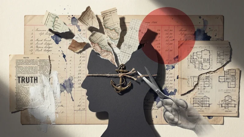 A mixed-media collage of a fragmented silhouette head with an anchor being cut, symbolizing the loss of one's grip on reality.
