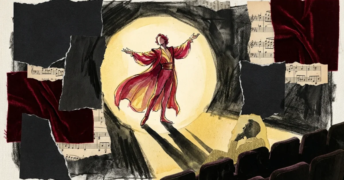 A mixed media collage of a person in a theatrical spotlight while their partner sits in the shadows of a theater audience.