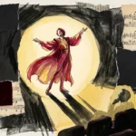 A mixed media collage of a person in a theatrical spotlight while their partner sits in the shadows of a theater audience.