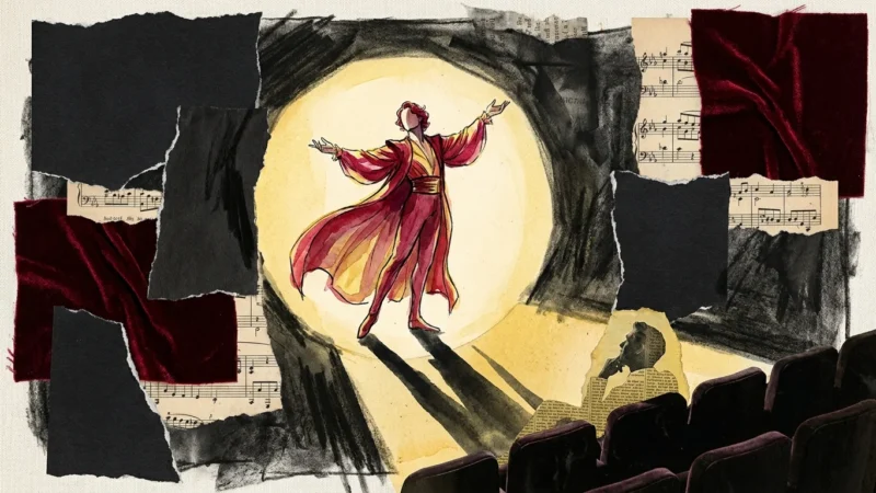 A mixed media collage of a person in a theatrical spotlight while their partner sits in the shadows of a theater audience.
