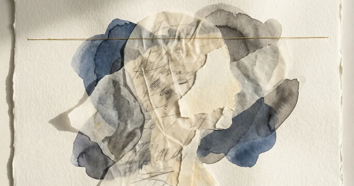 A mixed media collage of a silhouette filled with torn paper and translucent layers, symbolizing the invisible nature of emotional neglect.