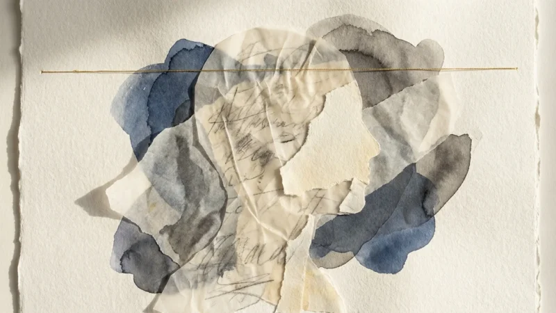 A mixed media collage of a silhouette filled with torn paper and translucent layers, symbolizing the invisible nature of emotional neglect.