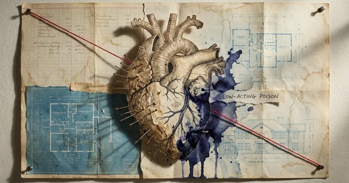A mixed media collage of an anatomical heart being slowly stained by dark ink, symbolizing the corrosive nature of unspoken resentment.