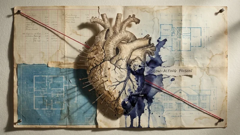 A mixed media collage of an anatomical heart being slowly stained by dark ink, symbolizing the corrosive nature of unspoken resentment.