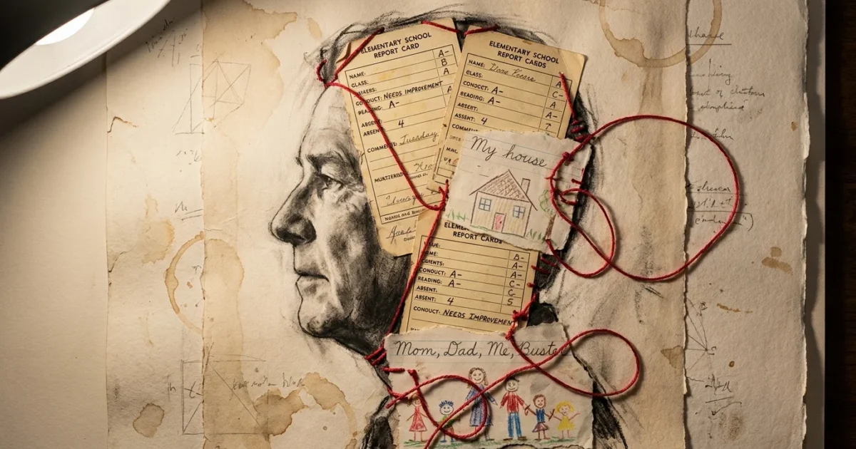 A mixed-media collage of an older person's profile filled with childhood drawings and school reports, representing deep-seated habits.