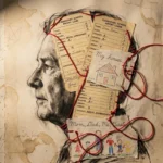 A mixed-media collage of an older person's profile filled with childhood drawings and school reports, representing deep-seated habits.