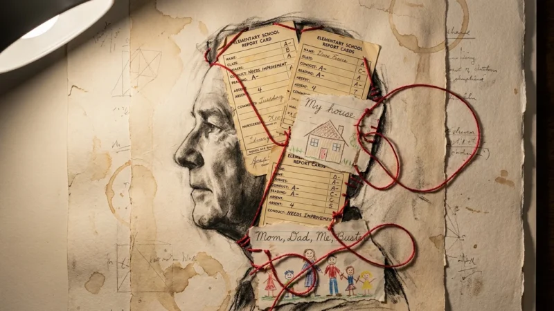 A mixed-media collage of an older person's profile filled with childhood drawings and school reports, representing deep-seated habits.