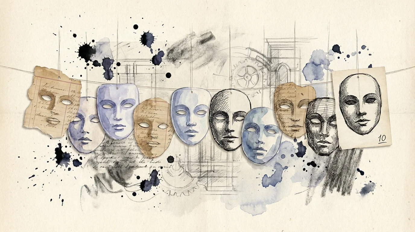 A mixed media collage of different masks suspended by threads, symbolizing the multifaceted nature of hidden narcissism.