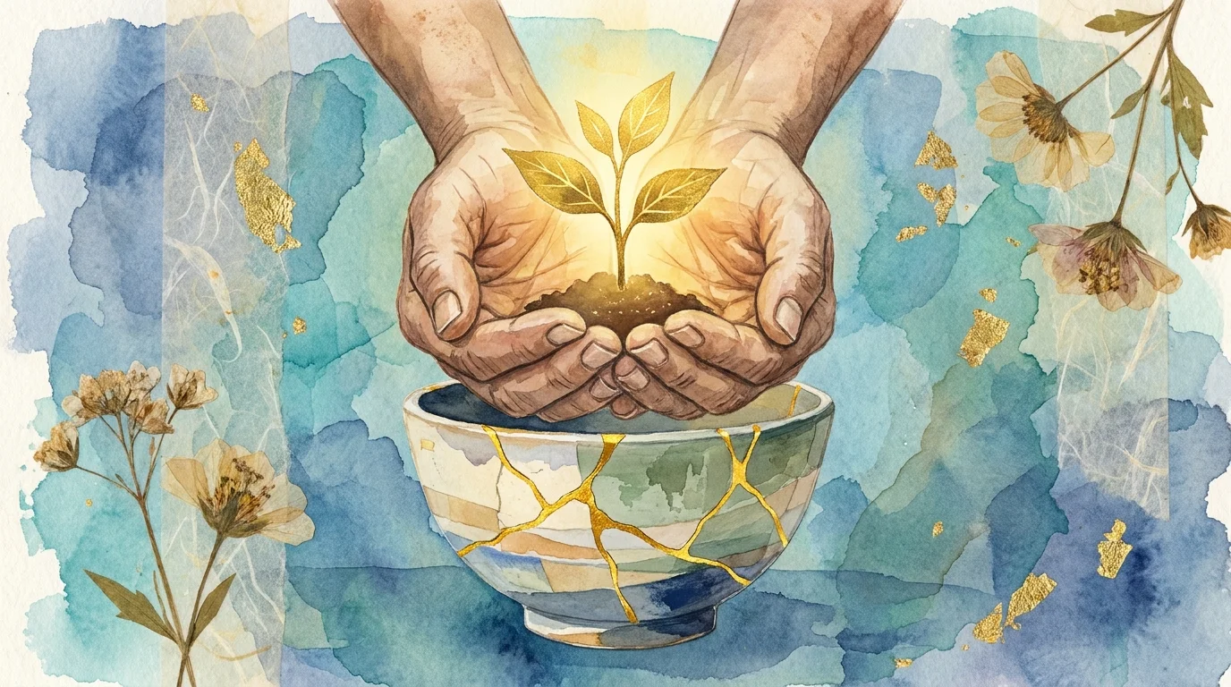 A mixed media collage of hands holding a small glowing plant in a mended gold-cracked bowl, symbolizing healing.