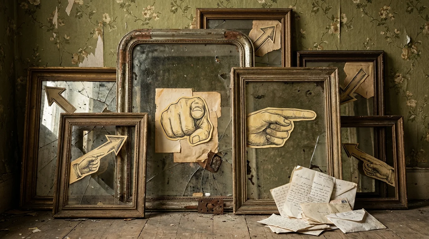 A mixed-media collage of mirrors where fingers point in different directions, avoiding a central reflection.