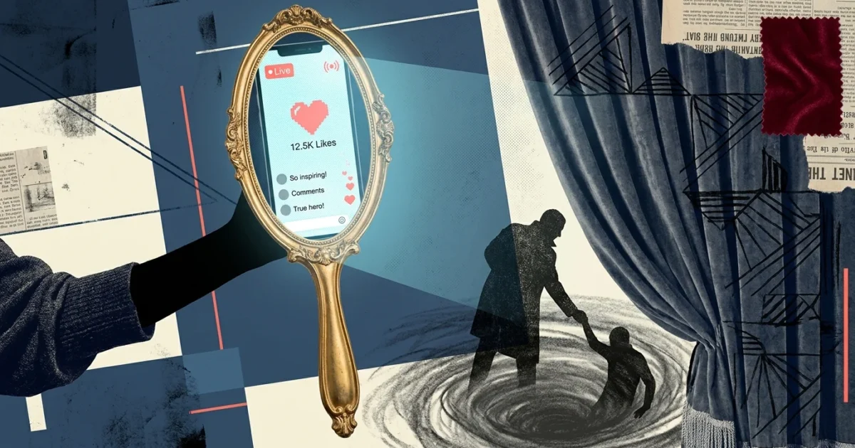 A mixed media collage showing a glowing smartphone screen inside a mirror frame, casting a shadow of a staged performance on a curtain.
