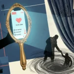 A mixed media collage showing a glowing smartphone screen inside a mirror frame, casting a shadow of a staged performance on a curtain.