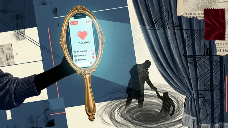 A mixed media collage showing a glowing smartphone screen inside a mirror frame, casting a shadow of a staged performance on a curtain.