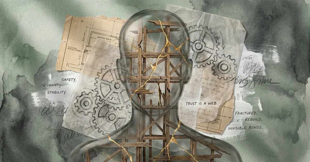 A mixed-media collage showing a human silhouette with a fractured internal wooden frame, representing the delicate architecture of trust.